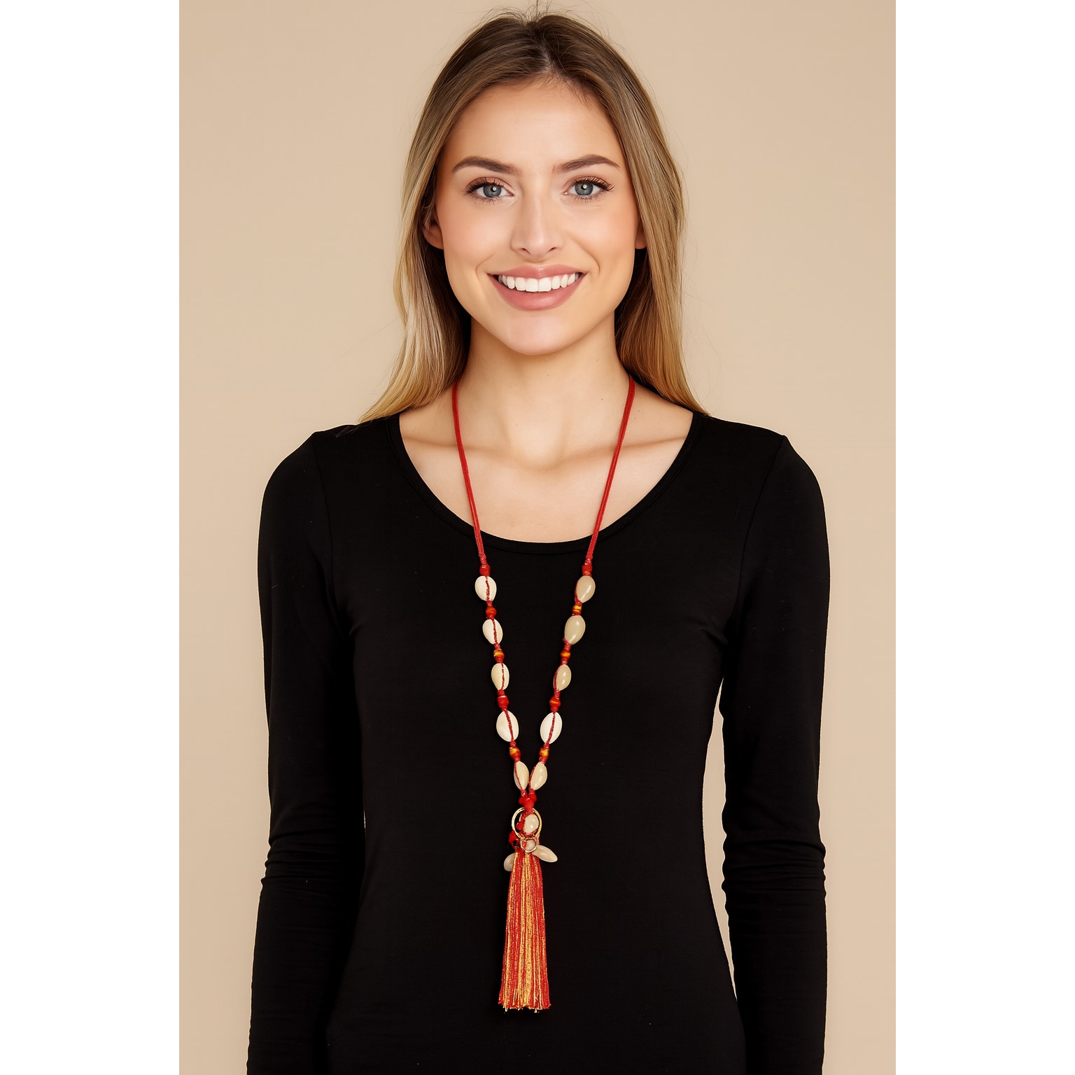 Mia Collection Cowrie Shell Tassel Long Necklace Red Cord Adjustable Boho Women 10$